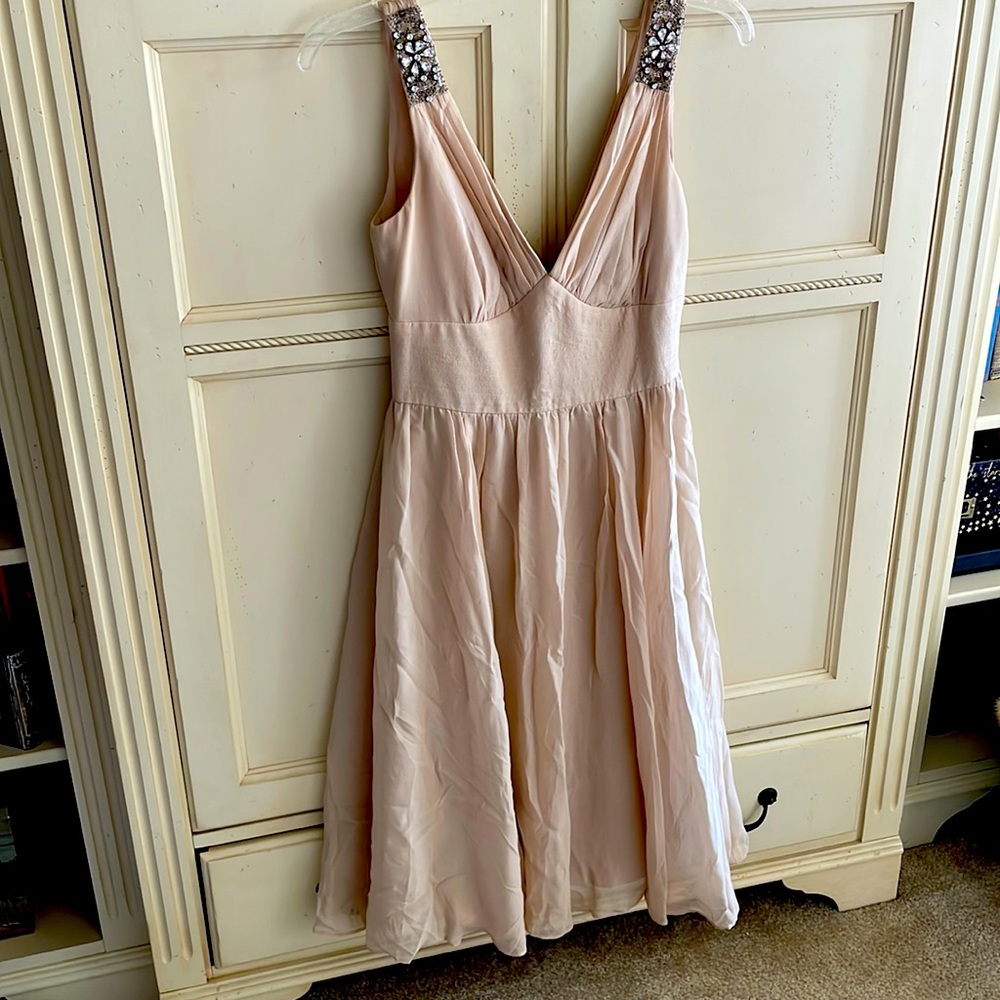 Sandra Angelozzi beige silk dress with embellished shoulder